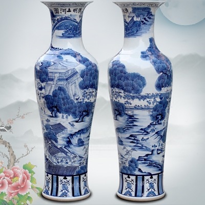 青花瓷 景德鎮陶瓷清明上河圖大花瓶家居客廳落地插花擺件裝飾品