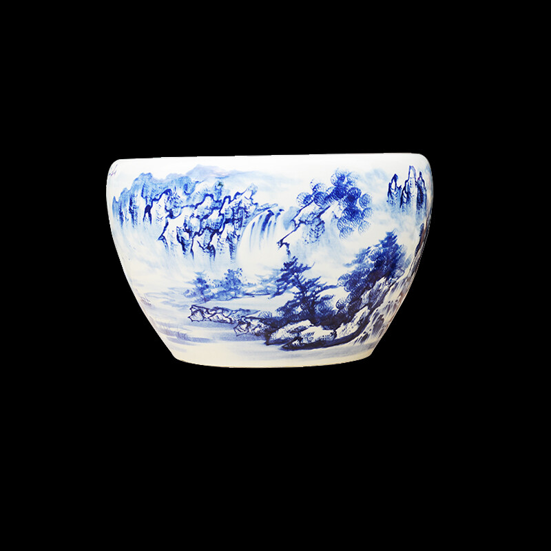 景德鎮陶瓷手繪青花魚缸 江山如畫，風水雅趣